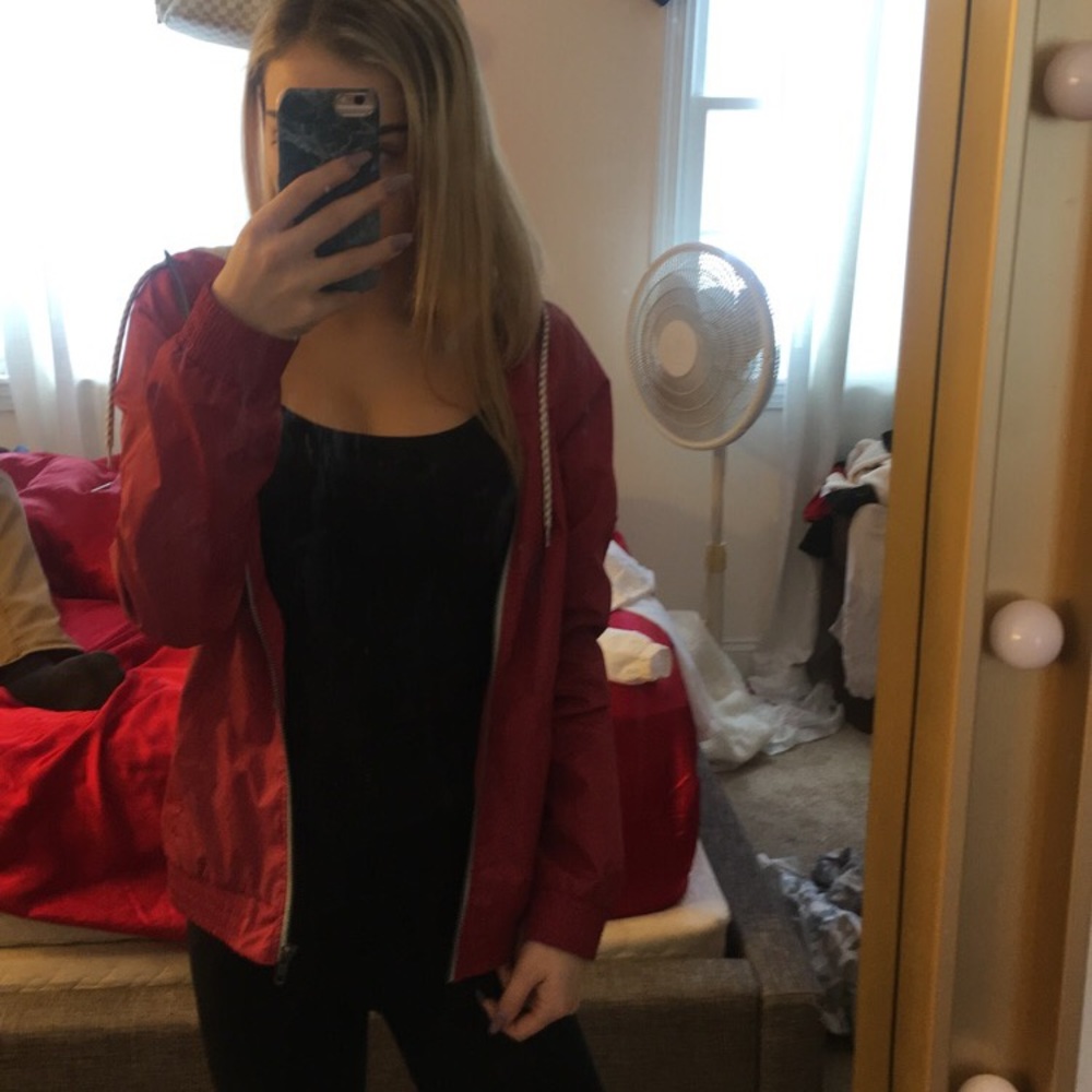 red windbreaker jacket